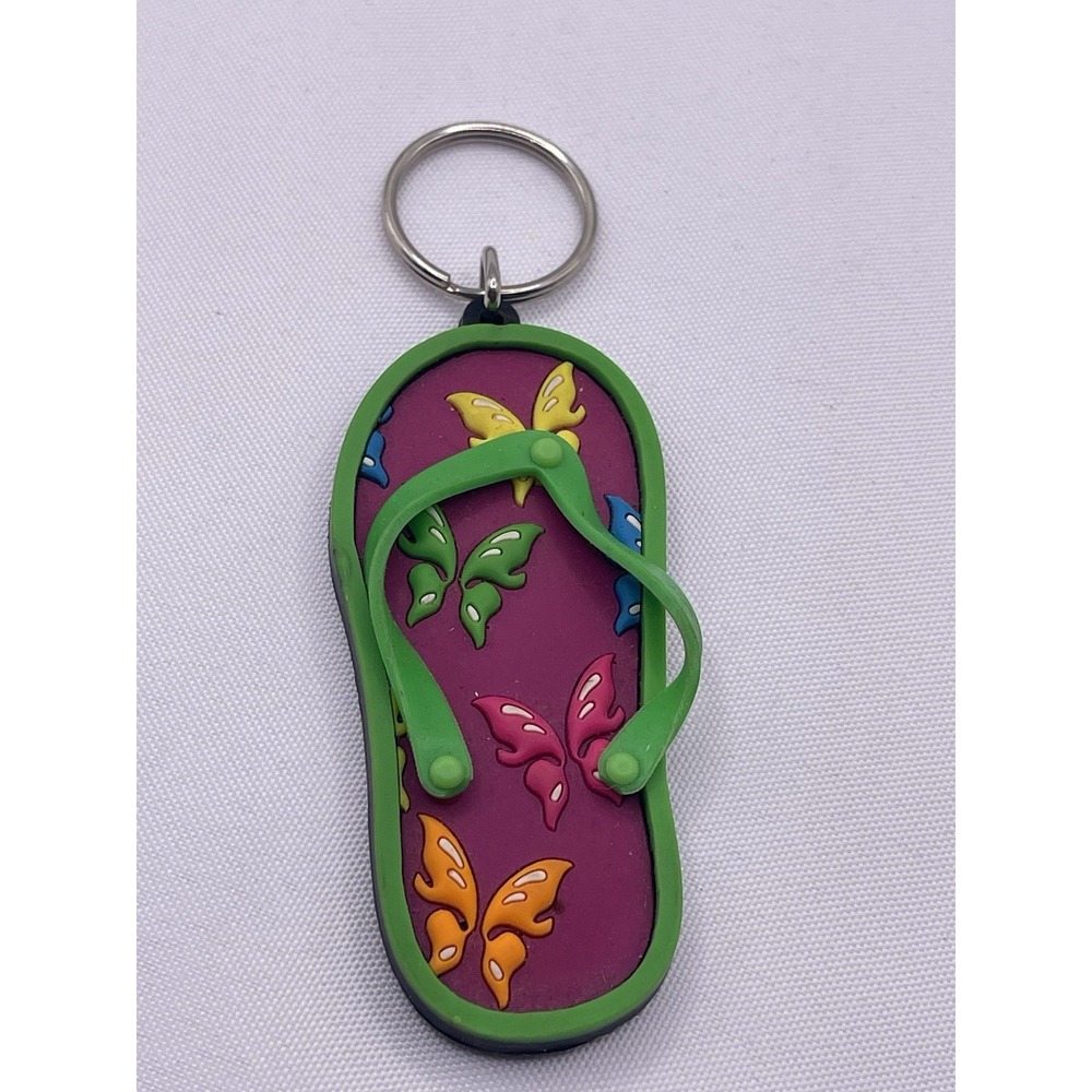 Sandal Flip Flop Keychain Metal Pin Silver Tone‎ Beach Ocean Hibiscus